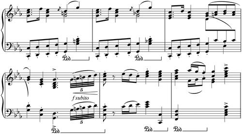 Example 8. Stanford, arr. Grainger, Four Irish Dances, no. 2 (London: Houghton, 1907), bars 17–22. Reproduced by kind permission of Bardic Edition Music Publishers.