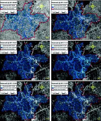 Figure 2. Flooded areas delineated from a Radarsat-2 time series from September to December 2011. The inundated area continuously increased on 9 September (a), 3 October (b), and 21 October (c), peaked on 14 November (d), and gradually abated on 4 December (e) and 28 December (f).