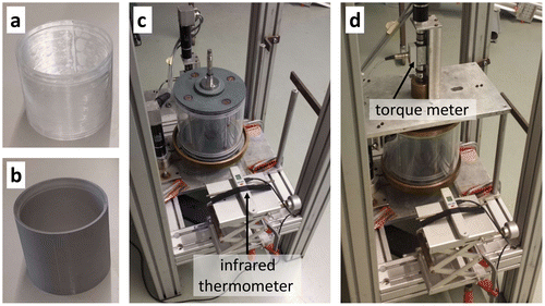 Figure 3. Taylor–Couette set-up at the TU Delft. (a) A cylinder with Dual-cure Riblets; (b) a cylinder with Modified Intersleek® Riblets; (c) a mounted inner cylinder with an uncoated surface. The outer cylinder (not shown here) is mounted on the brass bottom plate. (d) The fully mounted set-up before it is filled with water. The brass bottom and top plates of the outer cylinder are visible.