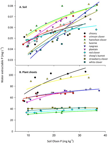 Figure 1. Mean concentration of water extractable P (WEP) in soil (A) sampled at the end of the trial, and in shoot material (B) bulked across all harvests of different plant species grown across a range of soil Olsen P concentrations. Lines represent the fit (P < 0.05) of a power function (y = axb) to each species.