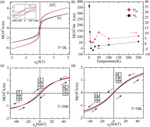 Figure 5. (a) ZFC and FC hysteresis loops at 2 K. Inset shows enlarged view of the low field part. Exchange anisotropy and coercivity enhancements are evident; (b) Coercive field, HC, and exchange bias field, HEB, obtained from the hysteresis loops. The uncertainty should mainly come from remanence of the superconducting magnet which is smaller than the symbols’ size; (c) Reversed hysteresis loop obtained at 20 K. Arrows indicate the sweep direction. The arrows in the insets schematically indicate the magnetization reversal. (d) Normal hysteresis loop obtained at 10 K. All measurements were performed on x=0.05 samples.