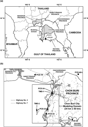 Figure 1. Locations of (a) Chon Buri city; (b) modeling domain and monitoring stations. Gray shading in (b) denotes urban, commercial, and industrial areas.