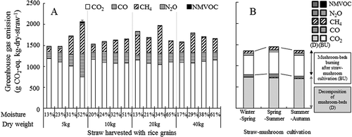 Figure 5 Greenhouse gas emissions derived from straw-use [(A) straw burning and (B) straw-mushroom [Volvariella volvacea (Bul. ex Fr.) Singer] cultivation] from different straw stack masses, and their moisture contents (moisture contents of burned mushroom beds were 16% in the winter–spring season, 17% in the spring–summer season and 22% in the summer–autumn season). Each gaseous species’ emissions factor was integrated with respect to each direct and indirect global warming potential [1.0 for carbon dioxide (CO2), 1.9 for carbon monoxide (CO), 25 for methane (CH4), 0.81-7.47 for non-methane volatile organic carbon (NMVOC], and 298 for N2O; mass basis referring to IPCC Citation2007). Error bars illustrate the ranges of the NMVOC’s global warming potential.