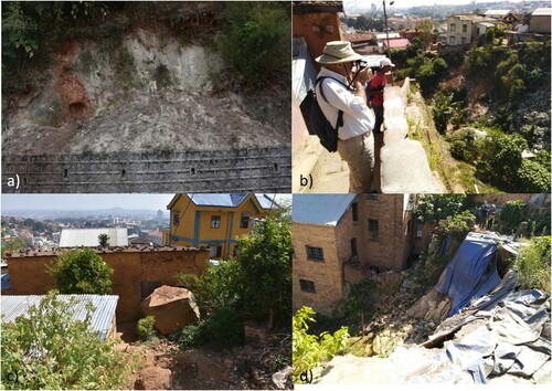 Figure 7. Examples of the detected instability phenomena: (a) Debris rotational/translational slides; (b); Earth-debris rotational/translational slides; (c) Rock fall and rock slides; (d) Complex rotational/translational slide.