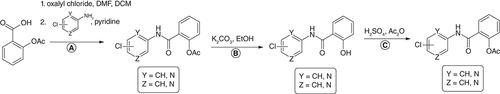 Figure 2. Representative scheme of the synthesis. (A) Acylation, (B) hydrolysis and (C) acetylation. Analogically used for 4-substituted and 2,4-disubstituted derivatives.DCM: Dichloromethan; DMF: N,N-dimethylformamide.