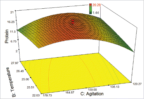 Figure 4. 3D response surface plot of central composite design showing the mutual effects of temperature and agitation rate on protein amount (μg/100 μL) of T. striata.