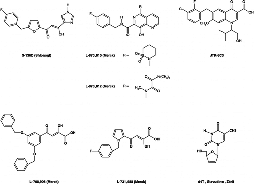 Figure 1 Chemical structures of representative α,γ-Diketo-Based integrase inhibitors and the nucleoside reverse transcriptase inhibitor (the 2′,3′,didehydro-2′,3′-dideoxythymidine).