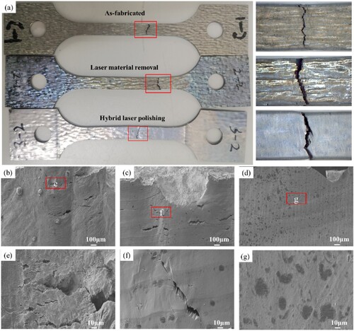 Figure 9. (a) Tensile failure sample morphology at high temperatures; Surface morphology near the tensile fracture (b,e) as-fabricated, (c,f) laser material removal and (d,g) hybrid laser polishing samples.