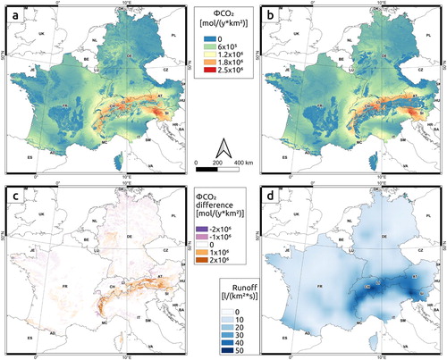 Figure 6: (a) ΦCO2 map elaborated using Geo-LiM; (b) ΦCO2 map elaborated using GLiM (CitationHartmann & Moosdorf, 2012); (c) difference between Figure 6a and Figure 6b; (d) 1 km × 1 km mean monthly runoff (RO) map elaborated using the 1950 - 2015 monthly RO rates of E-RUN version 1.1 (CitationGudmundsson & Seneviratne, 2016).