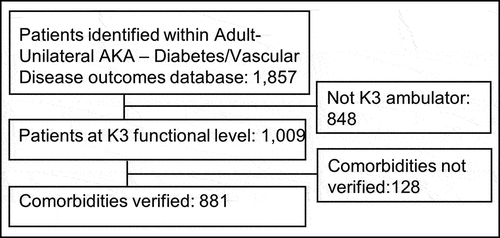 Figure 1. Individuals were extracted from the adults with unilateral above-the-knee amputation due to diabetes/vascular disease outcomes database based in the United States. For inclusion to the current analysis, individuals were restricted to the United States medicare functional classification level K3. Individuals were excluded if they did not have comorbidities verified. This resulted in exclusion of 12.7% of individuals to yield a total of 881 individuals available for analysis.