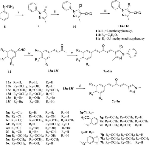 Scheme 1 Synthesis of target molecules 7a-7o; Reagents and conditions: (i) CH3COCH2COOC2H5, tungstophosphoric acid, H2O, 100°C, 3h, 78%; (ii) POCl3, DMF, 80°C, 3h, 42%; (iii) C2H5OH or substituted phenol, KOH, 100°C; (iv) CH3COCH3, 10%NaOH, rt, 2–4h, 47%; (v) 10 or 11a-11c, 10%NaOH, C2H5OH, rt, 12h, 20%; (vi) 1-methyl-1H-pyrazole-4-carbaldehyde, 10%NaOH, C2H5OH, rt, 12h, 17%.