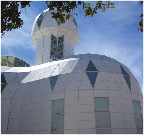 FIGURE 3 Main section of the crew habitat building, one of several dome and pyramid shaped structures arranged on the Biosphere 2 facility in Oracle, Arizona (Image by author, March 20, 2011).