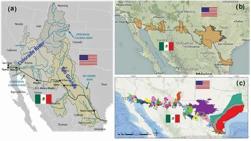 Figure 1. Map showing (a) the 3145 km international border with the main rivers between Mexico and the United States (CRS, Citation2018); (b) transboundary aquifers along the Mexico–US border according to UNESCO (Citation2010); and (c) transboundary aquifers along the Mexico–US border according to Sanchez et al. (Citation2016)