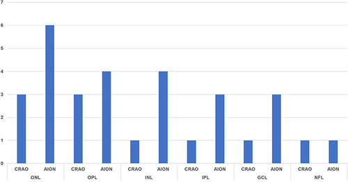 Figure 2 Distribution of intraretinal fluid among the retinal layers in eyes with central retinal artery occlusion (CRAO, 3 eyes) and non-arteritic anterior ischemic optic neuropathy (AION, 6 eyes), number of eyes shown on Y-axis.