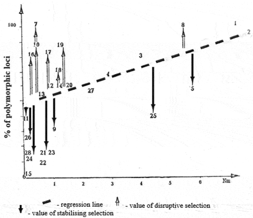 Figure 2. Dependence of genetic diversity on the value of gene flow. 1. Pinus silvestris. 2. P. rigida. 3. P. longaeva. 4. P. ponderosa. 5. P. sibirica. 6. P. torreyana. 7. Eucalyptus obliqua. 6. E. pauciflora. 9. E. cloesiana. 10. E. delegatensis. 11. E. caesia. 12. Clarkia biloba. 13. C. lingulata. 14. C. rubicunda. 15. C. franciscana. 16. Lupinus subcarnosus. 17. L. texensis. 18. Hymenopappus artemisifolius. 19. Baptisia leucophaea. 20. B. sphaerocapra. 21. Phlox drummondii. 22. P. cuspidata. 23. P. roemariana. 24. Oenothera biennis. 25. O. parviflora. 26. Avena barbata. 27. Stephanomeria exigua. 28. S. malheurensis. Nm is given mostly according to Govindaraju [Citation17], and Goncharenko, Padutov, Silin [Citation18], as well. Hamrick, Linhart, Mitton [Citation19]: percent of polymorphic loci