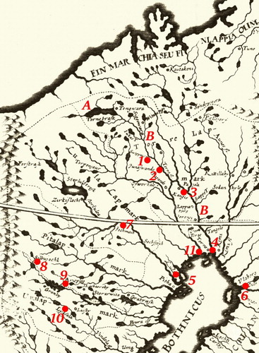 Figure 2. Some of the places mentioned in the article on the seventeenth-century map published in Johannes Schefferus’s Lapponia. From Schefferus [Citation1673] Citation1956, with additions by Carl-Gösta Ojala. A – Lake Torneträsk; B – Torne River; 1 – Svappavaara; 2 – Junosuando/Masugnsbyn; 3 – Kengis; 4 – Torneå/Tornio; 5 – Luleå; 6 – Uleåborg/Oulu; 7 – Jokkmokk; 8 – Silbojokk; 9 – Arjeplog; 10 – Lycksele; 11 – Kalix.