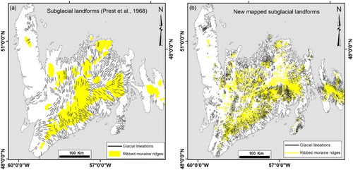 Figure 8. (a) The flow indicators of subglacial lineations (black lines) and ribbed moraine (yellow polygons) contained within the Glacial Map of Canada for the Island of Newfoundland are redrawn (Prest, V.K., Grant, D.R. and Rampton, V.N. 1968: Glacial map of Canada. Geological Survey of Canada. Map 1253A). This map by CitationPrest et al. (1968) records the ice flow indicator glacial lineations at relatively low density while ribbed moraine terrain is presented as generalised polygons. (b) Comparative image of the same geographic extent as (a) to illustrate detail of the new mapping completed in Newfoundland. Individual glacial lineations are represented as black lines while ribbed moraine ridges are illustrated as yellow lines.