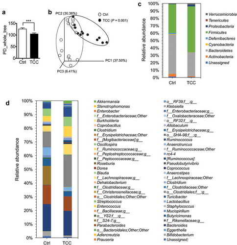Figure 4. TCC reduced the diversity and altered the composition of gut microbiota in C57BL/6 mice. (a) α-diversity of the gut microbiota. (b) β-diversity of the gut microbiota, calculated by Principle Coordinate Analysis (PCoA) based on weighted UniFrac distance. (c) Relative abundance of gut bacteria at phylum levels. (d) Relative abundance of gut bacteria at genus levels. The data are mean ± SEM, *** P < .01, n = 16 mice per group.