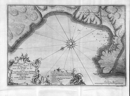 Fig. 8. Jorge Juan and Antonio de Ulloa, ‘Plan of the Cove and Port of Valparaíso,’ 1744, in Juan and Ulloa, Relación histórica del viage a la América Meridional (Madrid: Antonio Marín, 1748). AECID, Biblioteca Digital. The profile and perspective of the Valparaíso chart included in the Atlas maritimo are almost identical to those prepared by Juan and Ulloa.