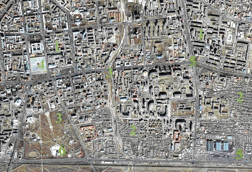 Figure 1. 2006 QuickBird image of the selected part of Ulaanbaatar. (1) built-up area; (2) ger area; (3) open area; (4) central squire; (5) roads; and (6) snow-ice. Note: The size of the displayed area is about 3.15 km × 215 km.