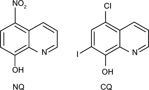 Figure 8 Chemical structures of nitroxoline (NQ) and clioquinol (CQ).