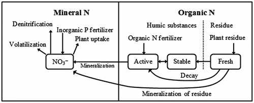 Figure 3 Nitrogen- (N-) pools and processes simulated in GIBSI (Gestion Intégrée des Bassins versant à l’aide d’un Système Informatisé or Integrated Watershed Management using a Computer System) (adapted from Neitsch et al. Citation2005).