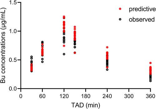 Figure 5 Comparison between the predictive and the observed busulfan concentrations by time from external population. Black circles represent the observed Bu concentrations; red dots represent the predictive Bu concentrations.