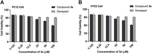Figure 5 (A) Cytotoxicity of compound 3e and donepezil on PC12 cells. (B) on HT-22 cells. PC12 and HT-22 cells were incubated with different concentrations of compound 3e or donepezil (3.125–100 µM) for 24 h. The results were shown as cell viability after treated with compound 3e or donepezil vs untreated control cells. Date were expressed as mean±SD from three independent experiments.