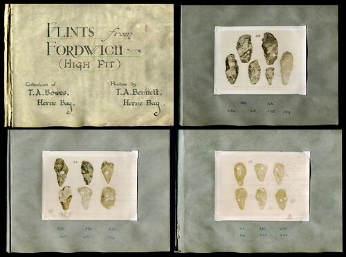 Figure 5. Pages from Bennett’s and Bowes’ hand-annotated photographic catalogue, Flints from Fordwich (High Pit), c.1932. The stones are labelled in Bowes’ “curious code” with a separate number series for the catalogue. HBHRS archive, digital scans by Pete Knowles.