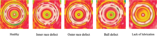 Figure 9. Thermal images of different single fault conditions in bearing at 19 Hz.