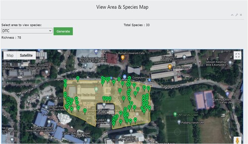 Figure 5. ‘DTC’ as the selected green space area, the species richness of the selected area is 78 with 33 different species.