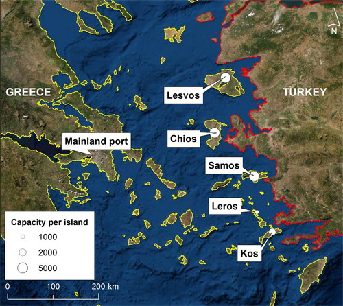 Figure 2. Potential locations of migrant accommodation centres and suggested capacities per island. The basemap used is ESRI World imagery. The Greek and Turkish administrative boundaries used are from the Regional IM Working Group - Europe.