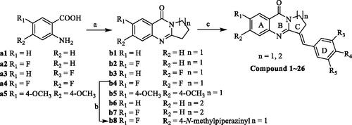 Scheme 1. Synthesis of isaindigotone derivatives. Reagents and conditions: (A) pyrrolidin-2-one or 2-piperidone, POCl3, toluene, reflux; (B) 1-methylpiperazine, DMF, K2CO3, reflux; (C) different substituted benzaldehydes, AcOH, AcONa, reflux.