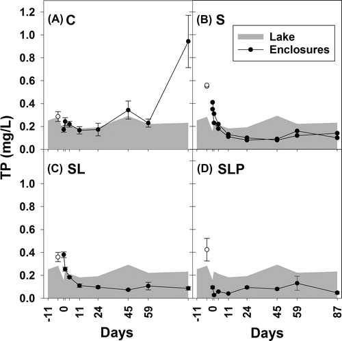 Figure 2. Total phosphorus (TP) concentrations (mg/L) in enclosure experiment. Treatments: C (control, panel A), S (sand capping, panel B), SL (sand capping + LMB, panel C), SLP (sand capping + LMB + PAC, panel D). The gray areas indicate the TP concentration in the lake (days −11 to 87). Open symbols indicate the TP concentration on day −4, at 1.5 h after sand addition. Error bars indicate 1 SE (n = 3). In panel B the course of TP in each replicate is presented.