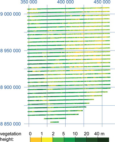 Figure 3. ALS normalized digital surface model (nDSM), i.e. vegetation height, for Liwale. The 25 km grid lines are in UTM zone 37 S.