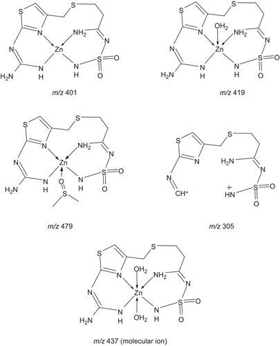 Figure 2.  Fragmentation pattern of Zn(famotidine)·2H2O (without washing).