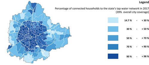 Figure 2. The state’s tap water network in Bengaluru: percentual household coverage per ward (BWSBB, 2017). Source: Smart City Challenge Round 3: Smart City Proposal Bengaluru [Annexures, p. 5] (GoI, 2017).