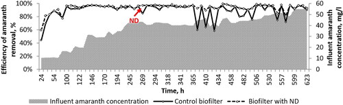 Figure 3. Efficiency of amaranth removal during the azo-degradation process. The ND (ND) application at 269 h is shown in red.