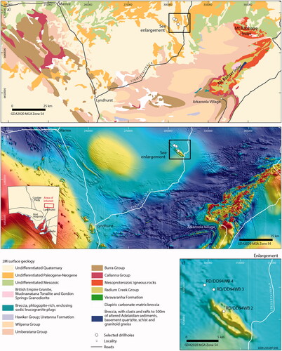 Figure 2. Surface geology and total magnetic intensity (TMI) maps of the northern Flinders area, showing the location of drillholes that intersect the Ooloo Hill Formation. (a) Simplified surface geology of the northern Flinders area. (b) Aeromagnetic TMI imagery showing the location of the magnetic anomaly that forms the Ooloo Hill Formation. (c) Location of the drillholes that intersect the Ooloo Hill Formation. Drillhole RD/DD94WB2 penetrates basalt lavas below ∼280 m Mesozoic to Cenozoic cover. Drillholes RD/DD94WB3 and RD/DD94WB4 penetrate siltstones, shales and minor sandstones, below ∼300 m Mesozoic to Cenozoic cover.