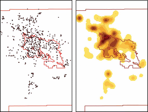 Figure 3. Spatial coordinates for fugitive dust inspections performed by the Pima County Department of Environmental Quality to assess construction-related activity between June 2004 and May 2005 are obtained and entered into a GIS (left). A kernel density function is applied to generate a density plot (right). A search radius of 4.67 km and an output cell (grid) size of 0.220 km2 are used. Tucson City limits and the Pima County border are also shown.