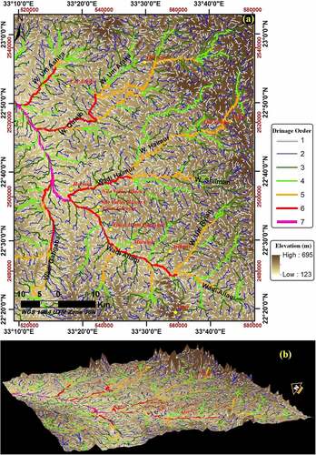 Figure 2. (a) Drainage system over west Allaqi district. (b) 3D view simulates the topography setting with the drainage network.