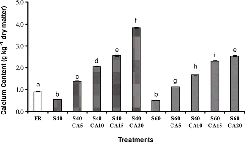 Figure 1 The calcium content of melon subjected to different treatments. FR: without osmotic treatment; S40: osmotically dehydrated in a 40°Brix sucrose solution; S40CA5 to S40CA20: osmotically dehydrated in a 40°Brix sucrose solution with the addition of 5–20 g kg−1 of calcium lactate; S60: osmotically dehydrated in a 60°Brix sucrose solution; S60CA5 to S60CA20: osmotically dehydrated in a 60°Brix sucrose solution with the addition of 5 – 20 g kg−1 of calcium lactate. Mean separation by the Tukey test. Different letters indicate statistically significant differences at p ≤ 0.05.