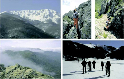 Figure 7. Mt. Penna and Mt. Aiona area images. Top left: snowy canyons along the northern side of Mt. Aiona; top right: narrow and exposed tracts of trail equipped with steel chains, on the northern side of the Mt. Penna; low left: typical low-altitude clouds over the Mt. Aiona plateau; low right: typical snowy landscape in Aveto Natural Park.