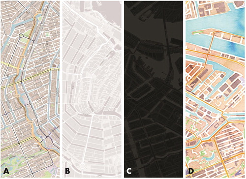 Figure 3. Mood as a visual storytelling trope. The visual style of maps and graphics set the mood for a story, influencing the audience’s affective and emotional reaction. The following deconstructs four basemap designs by the stylistic elements of form, colour, type, and texture. (A) OpenStreetMap. The default OpenStreetMap design is similar to a reference road map. The linework form is complex, using precise, thin strokes to outline roads, buildings, and other built infrastructure. The colour palette is similarly complex to symbolize the numerous layers, producing a visual hierarchy that emphasizes major roads over other features. The type is dense, using a simple sans serif font to communicate a sense that there are many features in the landscape. There are few textures, particularly for natural features. Overall, the visual style likely activates the audience affectively, giving an authoritative sense (perhaps too much so) of the accuracy and trustworthiness of the basemap. (B) Esri World Gray Canvas. Esri’s various grey styles are designed specifically to layer thematic information on top. The linework form is simpler, with most features removed and roads given subtle outlines; as a result, the water features and other aspects of the natural environment are more visible. Per the name, a greyscale colour palette is used, with most colours on the lower half of the value range. The type is sparse, using a thin sans serif in uppercase for major throughways. There are few textures (e.g., the railroad), further subduing the palette. Overall, the visual style likely deactivates the audience affectively, leading them to ignore the basemap. (C) CARTO Dark Matter. There are many similarities of CARTO’s Dark Matter to the Esri World Gray Canvas. The linework form is simple, the palette is in greyscale, the type is sparse (although using a thicker sans serif in lowercase), and there are few textures. However, the colours are dark, almost ominous, allowing for any added bright, saturated thematic layers to contrast markedly against the basemap. Because of the dark palette and high contrast, the visual style likely activates rather than deactivates the audience, and, depending on other aspects of design, could evoke an angry, anxious, or otherwise unpleasant reaction, a response that can be used purposefully to build suspense in the visual story. D: Stamen Watercolor. Stamen’s Watercolor is a creative departure from most slippy basemaps. The linework form again is simple, with many features outlined in a white stroke for contrast and their lines whimsically varying as if brushed by hand. The colour palette is bright, using many primary colours while balancing lights and darks. The textures mimic the movement of watercolour on the canvas – pooling at edges and spreading in a gradient over large expanses – and thus give the audience the impression of a physical material rather than a digital map. There is no type, allowing the symbols to take lead. Overall, the visual style likely activates the audience, creating a pleasant experience that invites the audience to get lost in the map and its many arrangements of form, colour, and texture.
