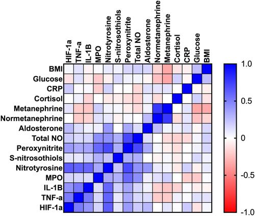 Figure 3 Correlation heat map between the analyzed nitrosative stress, inflammation and clinical parameters in serum and plasma of the patients with adrenal masses; body mass index (BMI), C reactive protein (CRP), nitric oxide (NO), myeloperoxidase (MPO), interleukin 1 beta (IL-1β), tumor necrosis factor α (TNF-α) and hypoxia-inducible factor 1 alpha (HIF-1α).