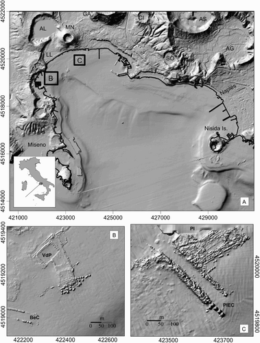 Figure 1. (a) DTM of Pozzuoli Bay. Projection is UTM (33); Datum is WGS84. (Lakes: AL = Averno, LL = Lucrino; Craters: MN = Monte Nuovo, GA = Gauro; AS = Astroni; CI = Cigliano; SO = Solfatara; AG = Agnano; AS = Astroni); Inset (b) Archaeological remains in the marine sector in front of Baia (VdP = Villa dei Pisoni; BeC = Baianus Lacus entry channel); Inset (c) Archaeological remains in the marine sector in front of Pozzuoli (PI = Portus Iulius; PIEC = Portus Iulius Entry Channel).