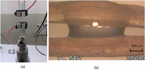 Figure 2. (A) Use of the UTM to test the TS of fibers (b) Determination of the CA using the water bridge.
