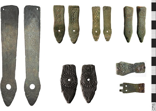 Figure 2. Examples of Class F strap-ends and buckle plates: LANCUM-2AD712 (left); top row, left to right: NMS-627136, YORYM-077738, LANCUM-8AE737; bottom centre: SUSS-742D82; buckle plates: Aldwark sf 925 (top), YORYM-55A828 (bottom) (Images courtesy of PAS and York Archaeological Trust).