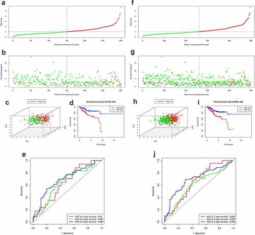 Figure 5. Construction of the PRS. (a-c) The distribution of Risk score, survival status and PCA in training set. (d) Kaplan-Meier survival curves of over survival between high-risk and low-risk patients in training set. (e) 1-year, 3-year, and 5-year ROC curve of the predictive power of the PRS in training set. (F-H & I-J) The similar analyses which were conducted in the entire set