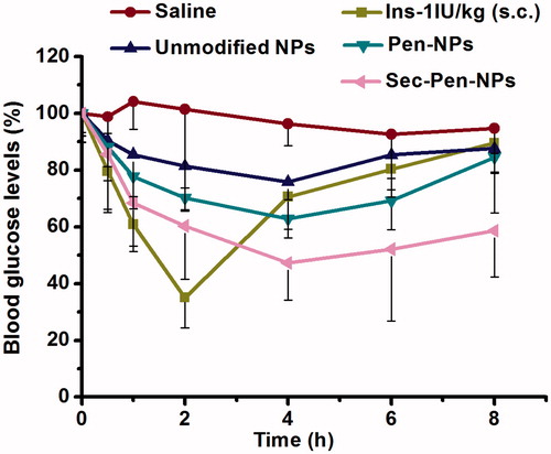 Figure 10. Blood glucose levels in rats after ileal segments administration of saline, insulin-loaded nanoparticles (unmodified NPs, Pen-NPs, Sec-Pen-NPs) and s.c. administration of insulin solution. Each data point was expressed as the mean ± SD (n = 7).